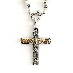 WHITE TURQUOISE NECKLACE W/ EAGLE CROSS PENDANT--24"